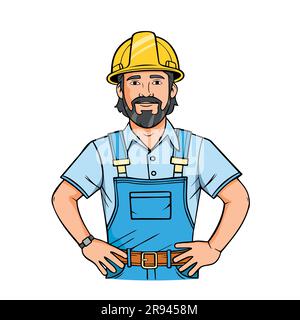Happy builder standing in helmet and uniform. Portrait of worker in hard hat. Vector illustration of handyman master isolated on white background Stock Vector