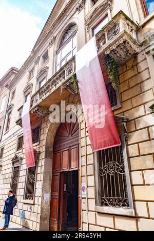 Padua, Italy - April 4, 2022: Entrance and front facade of the School of Economics and Political Science of Padua University on Via del Santo, Padua, Stock Photo