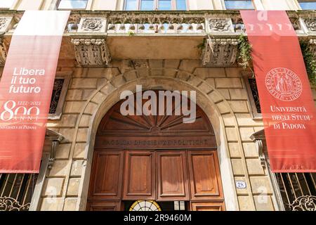 Padua, Italy - April 4, 2022: Entrance and front facade of the School of Economics and Political Science of Padua University on Via del Santo, Padua, Stock Photo