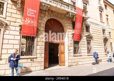 Padua, Italy - April 4, 2022: Entrance and front facade of the School of Economics and Political Science of Padua University on Via del Santo, Padua, Stock Photo