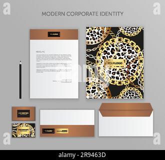Corporate Brand Identity set. Set of envelope, card, folder, etc. Vector illustration. Fashion Seamless Pattern with Golden Chains and Belts.  Trendy Stock Vector