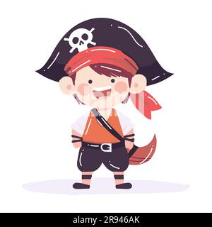 Hand Drawn cute kid pirate in flat style isolated on background Stock Vector