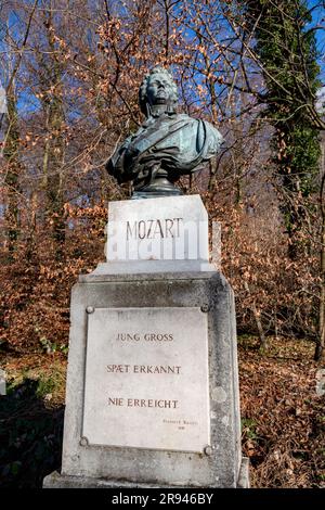Salzburg, Austria - December 27, 2021: Bronze bust statue of Amadeus Wolfgang Mozart in Salzburg, Austria. Stock Photo