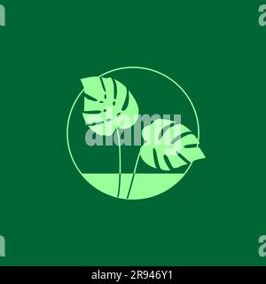 Monstera deliciosa leaves round logo on a dark green background Stock Vector