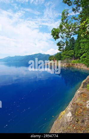 Lake Tazawa and Torii Gate of Ozaishi Shrine Stock Photo