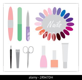 Manicure tools and accessories. Manicure scissors, nail files, nail clippers, manicure trimmer, nail polish, cream, nail polish palette. Vector set Stock Vector