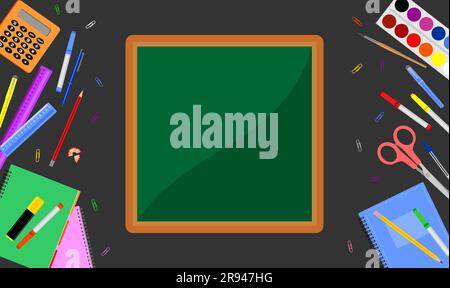Multicolored school stationery accessories with a green school board in the center on a dark gray background. Flat vector illustration. Top view Stock Vector