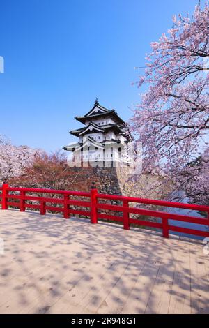 Cherry blossoms at Hirosaki Castle and Shimonori Bridge Stock Photo