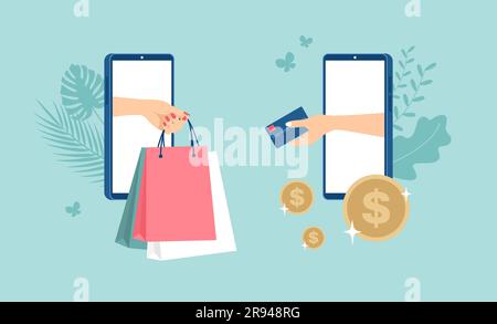 One female hand with packages and the other holding a credit card with gold coins around coming out of smartphone screens. Online shopping concept Stock Vector