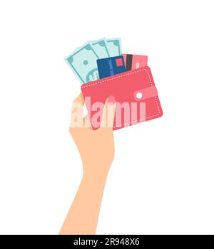 Hand holding red wallet with cash, credit cards and coins. Flat vector ...