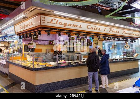 Barcelona, Spain - FEB 10, 2022: Fresh food sold inside the Mercat de Santa Caterina located in La Ribera, Barcelona, Spain. Stock Photo