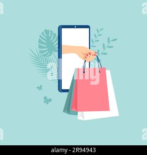 Female hand with packages coming out of smartphone screen. The concept of online shopping. Flat vector illustration Stock Vector