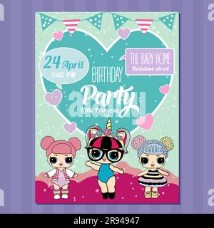 Birthday Invitation with cute Lol Dolls. Pink vector template of invitation card for little girl. Printable colorful invite. Place your text, picture, Stock Vector