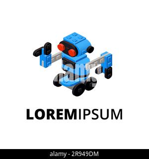 Logo with a blue robot assembled from plastic blocks in isometric style for printing and decoration. Vector illustration. Stock Vector