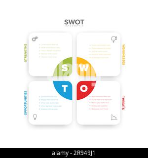 Vector SWOT (strengths, weaknesses, opportunities, threats) diagram schema template made from four white square blocks with big letters. Swot minimali Stock Vector