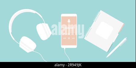White smartphone with podcast app on screen, white headphones, notebook and pen on blue background. Top view. Flat vector illustration Stock Vector