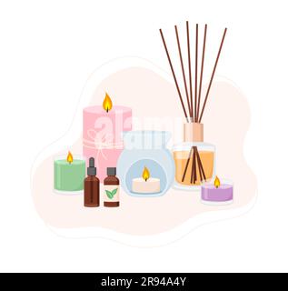 Composition of aroma lamp, diffuser, candles and essential oils. Aromatherapy accessories, vector illustration in flat style Stock Vector