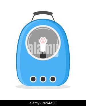 Black and white cat's paw in the window of a blue carrier bag on a white background. Flat vector illustration Stock Vector