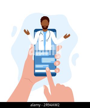 Hands holding smartphone with black man doctor and chat on screen. Medical consultation online. Flat vector illustration Stock Vector
