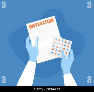Hands in blue medical gloves holding paper instruction and a blister pack with pills on a blue background. Vector illustration in flat style Stock Vector