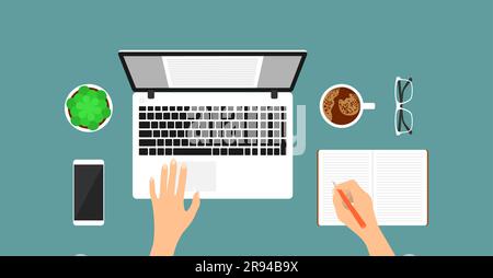 Top view of a neat workplace. A hand writing in a notebook, a laptop, a smartphone, glasses, a cup of coffee and a flower pot on a blue background Stock Vector