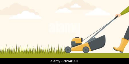 Man cutting grass with lawn mover. Gardener with a mowing machine, copy space. Flat vector illustration Stock Vector