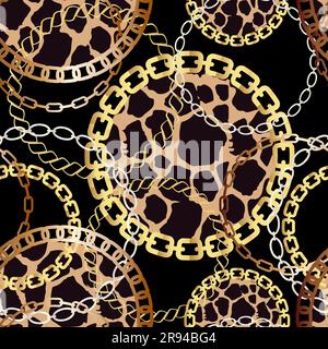 Fashion Seamless Pattern with Golden Chains and leopard print. Print with gold chains on black background. Vector seamless pattern. Fabric design. Stock Vector