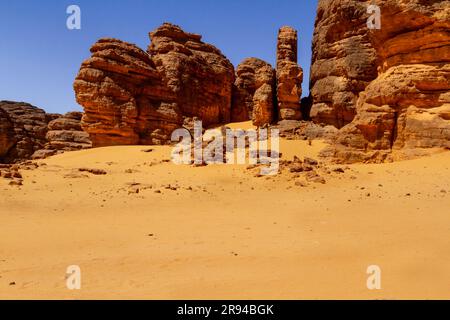 Stone forest. A sandstone rock anf cliffs formations in astonishing shapes. Tadrart mountains.Tassili N'Ajjer National Park. Algeria Stock Photo