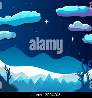 Landscape of a forest on a starry night cartoon style. Mountains and trees in the background. Vector illustration. Stock Vector