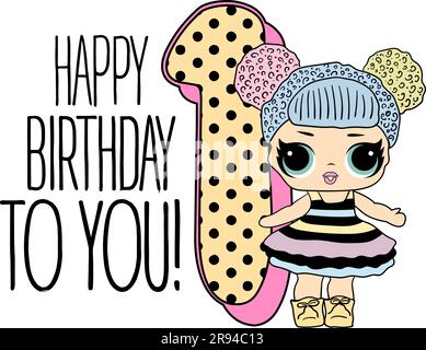 Cute vector lol doll with black and pink hair and big black eyes. Design for baby girl t-shirt, decoration birthday invitation, coloring book. Modern Stock Vector