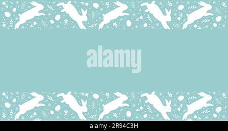 Frame of Easter rabbits, eggs, flowers and leaves on a pastel green background with copy space. Flat vector illustration Stock Vector