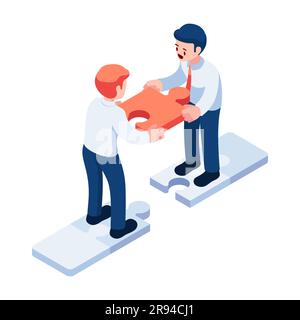 Flat Isometric Business People Assembly Jigsaw Together. Merger and Acquisition Concept. Stock Vector