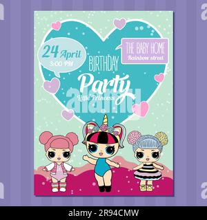 Birthday Invitation with cute Lol Dolls. Pink vector template of invitation card for little girl. Printable colorful invite. Place your text, picture, Stock Vector