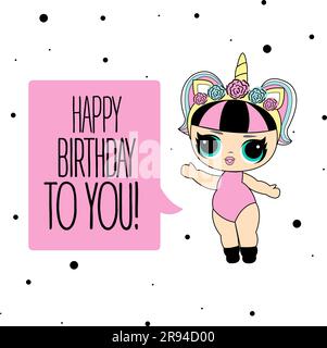 Cute vector lol doll with black and pink hair and big black eyes. Design for baby girl t-shirt, decoration birthday invitation, coloring book. Modern Stock Vector