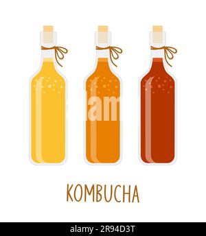 Homemade kombucha tea of different colors in glass bottles on a white background Stock Vector