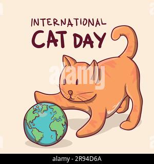 cute kitty play earth globe for international cat day celebration. vector illustration Stock Vector