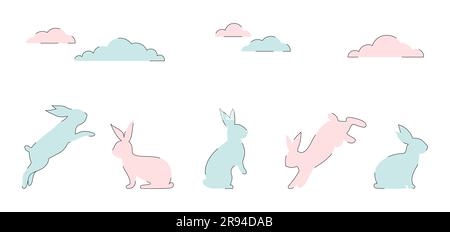 Easter bunny set in minimalist linear style. Cute rabbits and clouds on a white background. Vector illustration Stock Vector