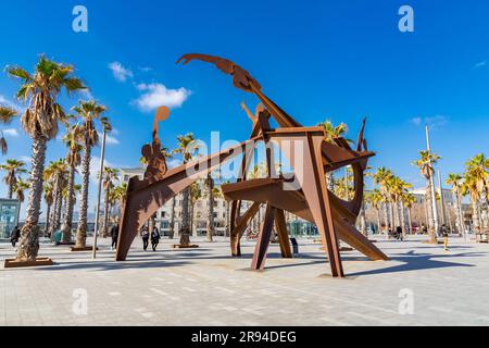 Barcelona, Spain - FEB 10, 2022: Modern sculpture by Alfredo Lanz from 2004, titled Tribute to the Swimming, Homenaje a la Natacio at Barceloneta Beac Stock Photo