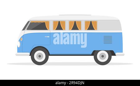 Blue and gray retro van car on a white background. Side view. Flat vector illustration Stock Vector