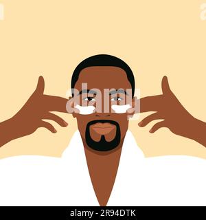 Bearded african man in a white bathrobe applies cream to his face. Daily skin care routine Stock Vector