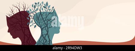 Metaphor bipolar disorder mind mental.Double face with puzzle brain. Split personality.Concept mood disorder.2 Head silhouette.Psychology. Psychiatry Stock Vector