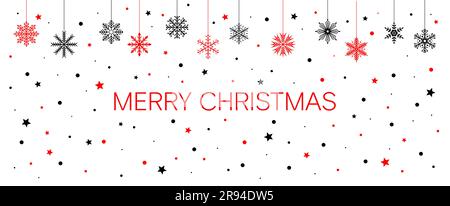 Merry Christmas greeting card. Red and black snowflakes, circles and stars on a white background Stock Vector