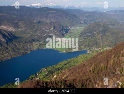 Lake Bohinj seen from the Vogel Ski Centre. Triglav National Park, Upper Carniola, Slovenia. The town, centre of picture, is Stara Fuzina. Stock Photo