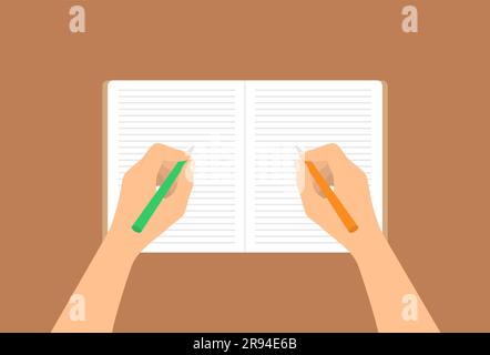 An ambidextrous person writing with both hands in a notebook. Flat vector illustration Stock Vector