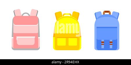 Set of colorful school backpacks. Pink, yellow and blue backpacks on a white background. Flat vector illustration Stock Vector