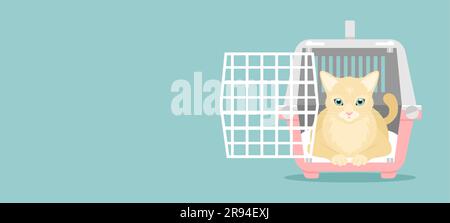A cat sitting in an open pink and gray pet carrier on a blue background with copy space. Flat vector illustration Stock Vector