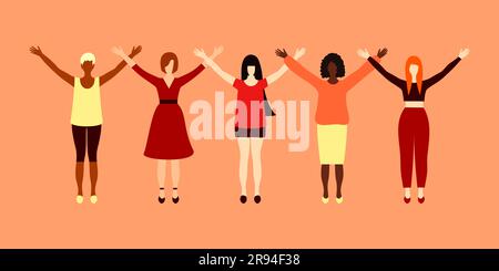 Women of different skin, hair and clothes stand together with raised hands. International Women's Day. The concept of women's friendship, diversity an Stock Vector