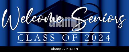 Welcome Seniors Class of 2024 Banner Blue background with Graduation Cap Stock Vector