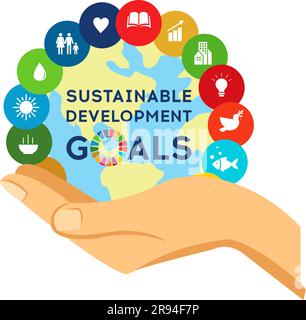 Caring hands holding the abstract global goals wheel. Sustainable Development Global Goals. Abstract Brochure design. Vector illustration. Stock Vector
