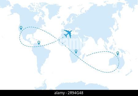 A blue airplane flying over a blue world map. Dashed route line and stop icons. Vector illustration Stock Vector